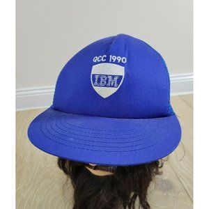QCC 1990 IBM Embroidered Shield Trucker Hat Stylemaster USA Made Blue Snapback